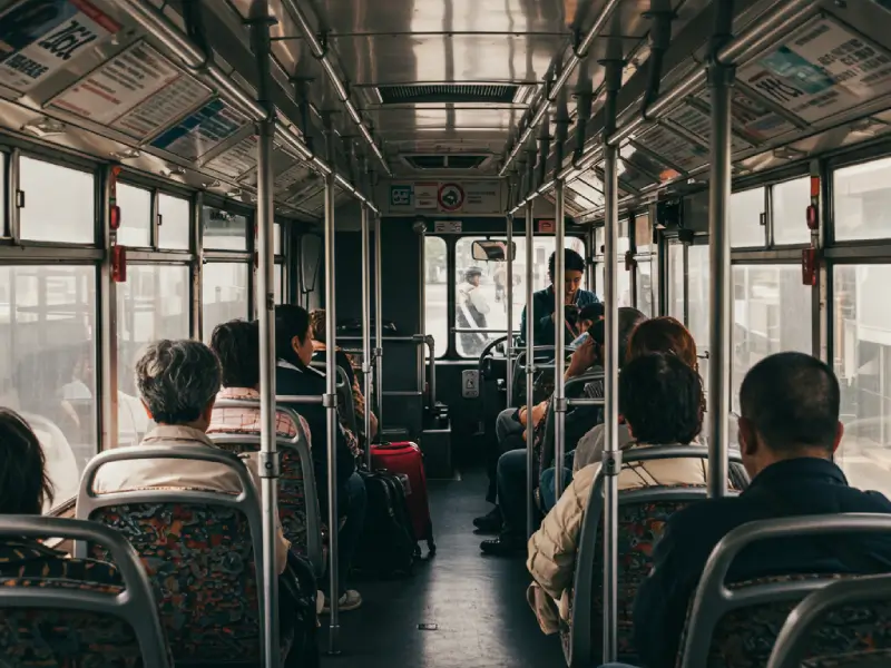 Interior of Belgrade Airport Bus Line 72 showing limited luggage storage space and passenger seating