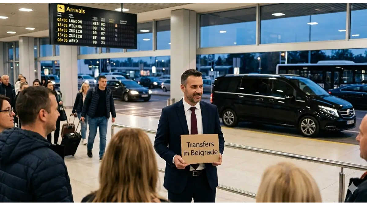Private transfer from Belgrade to Kopaonik — driver holding name sign at Nikola Tesla Airport arrivals hall