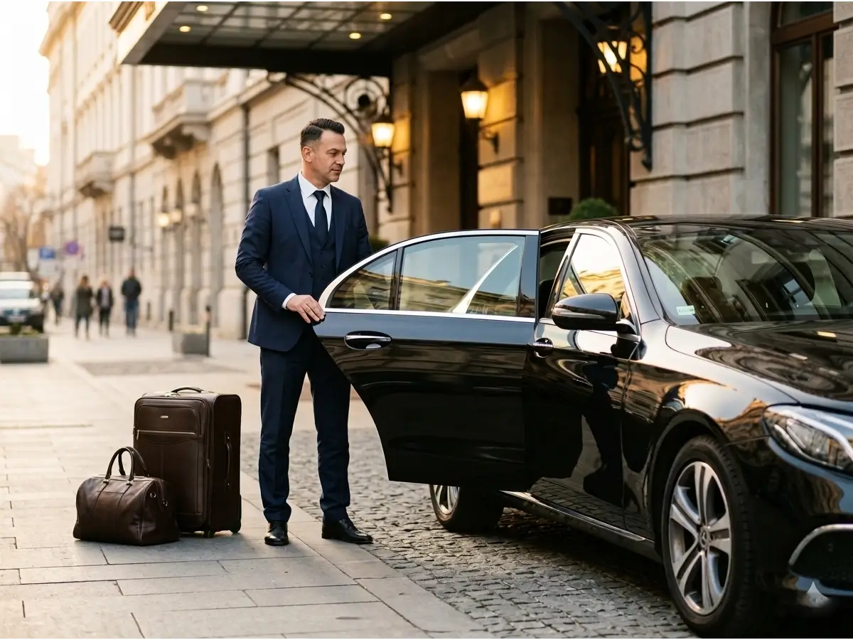Belgrade airport transfer driver opening car door for passenger outside city center hotel at sunrise — punctual private transfer service