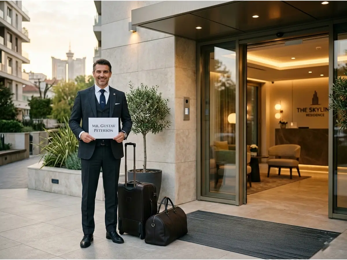 Transfers in Belgrade driver holding name sign at city center apartment entrance — private airport transfer pick-up from doorstep