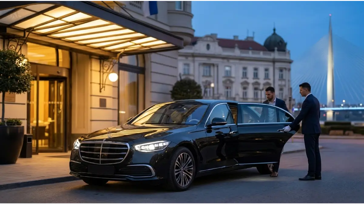 A glossy black Mercedes-Benz S-Class limousine parked in front of the Hotel Bristol Belgrade entrance during blue hour, with a professional chauffeur holding the door open for a business traveler. The Ada Bridge is subtly visible in the background