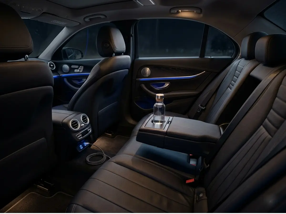 Interior of Mercedes E-Class used for Belgrade airport transfers — leather seats, water bottle, phone charger, Wi-Fi on board